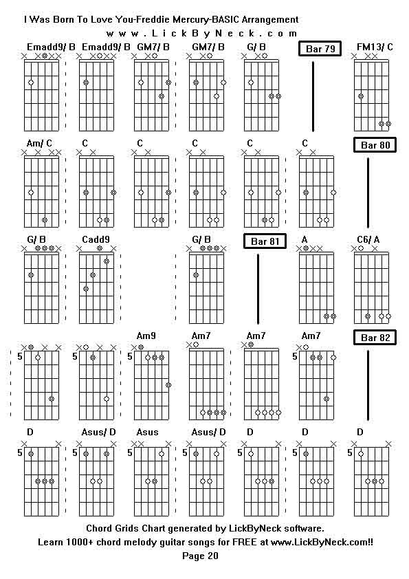 Chord Grids Chart of chord melody fingerstyle guitar song-I Was Born To Love You-Freddie Mercury-BASIC Arrangement,generated by LickByNeck software.